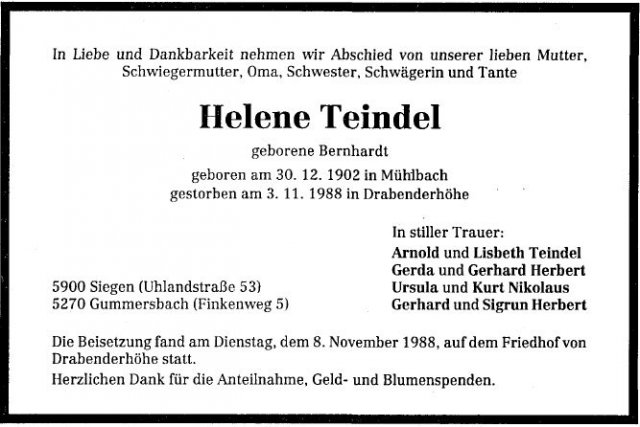 Bernhardt Helene Teindel 1902-1988 Todesanzeige